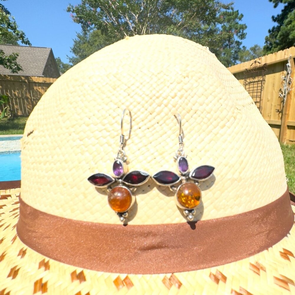 Vintage 925 Silver Earrings With Amber & Garnet Gemstones - Picture 5 of 5